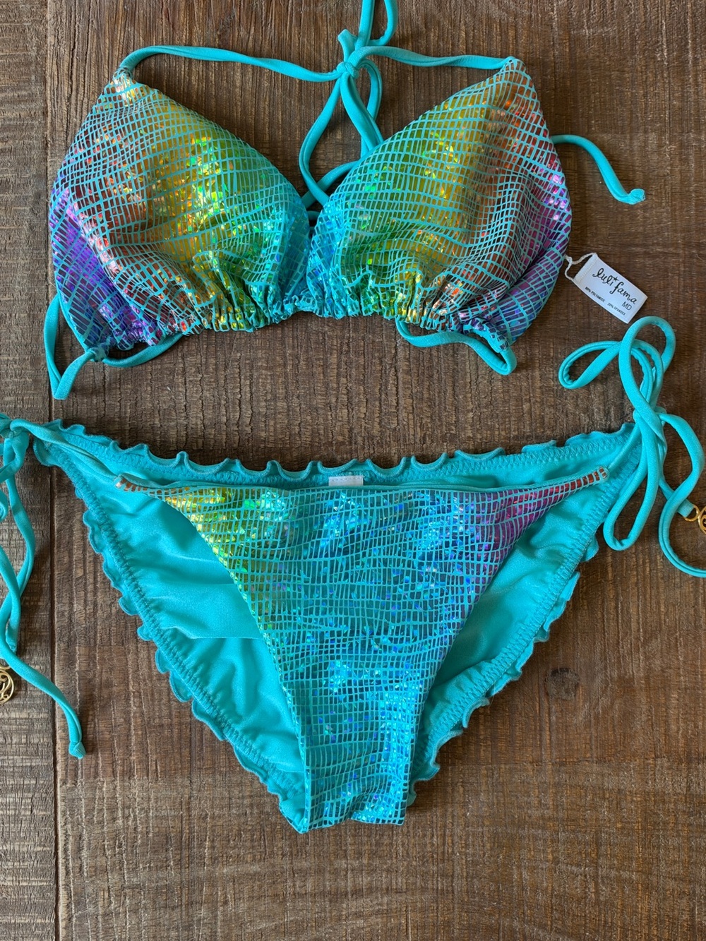 Luli Fama Turquoise Iridescent Triangle Bikini